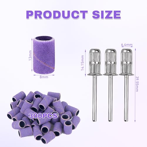 Pack of 300 Sanding Caps Nail Cutter Sanding Sleeves Nail Cutter Attachments 180 Grit Purple Suitable for Cleaning Cuticles Polishing Shapes Shortening Smoothing Nails with 3 Pieces Ball Bearings