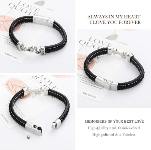 zeqingjw Motorcycle Leather Urn Bracelet for Ashes for Men Stainless Steel Cremation Jewelry Keepsake Memorial Cuff Wristband Urn Bangle Silver 20CM
