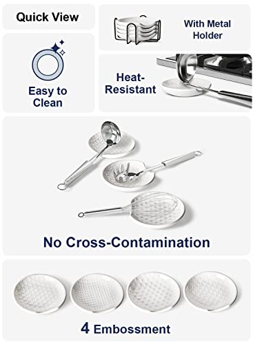 LE TAUCI Ceramic Spoon Rests for Stove Top with Holder, Set of 4 Farmhouse Spoon Holder for Kitchen Counter, 4.8 Inch Heat Resistant Utensil Rest for Cooking & Coffee Bar, Embossed, White Mix+Holder