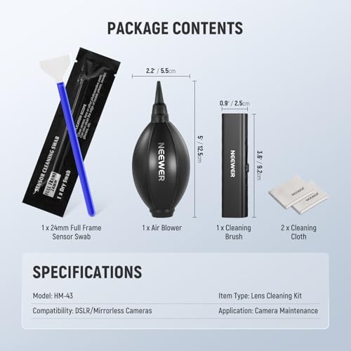 NEEWER 5 in 1 Camera Lens Cleaning Kit, 1x Lens Brush Pen + 1x Air Blower + 1x 24mm Full Frame Sensor Swab + 2X Cleaning Cloth, for Electronics, Smartphones, Tablets, HM-43