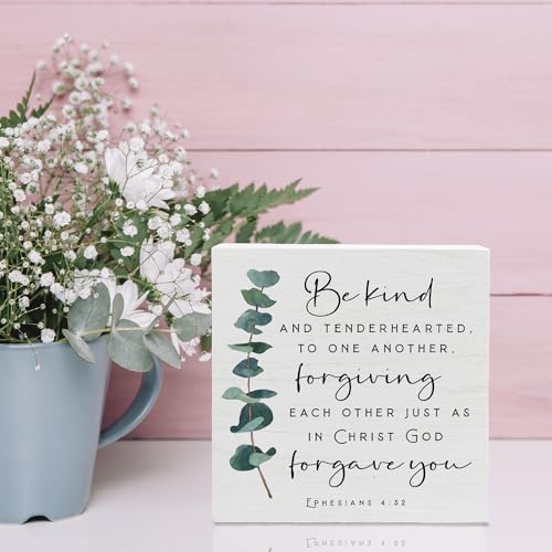 Bible Verse Wood Box Sign Rustic Motivational Bible Verse Ephesians 4 32 Wooden Sign for Home Office Living Room Church Bedroom bathroom Table Shelf Religious Gifts 5x5 -D17 White06