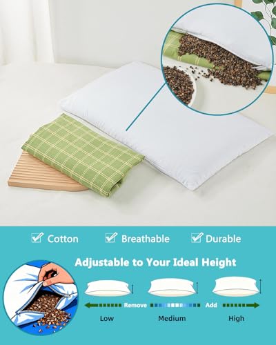 Buckwheat Cube Pillows for Side Sleepers,19.6"x9.8" Buckwheat Hulls Filling Cervical Neck Support Pillows for Sleeping, Customizable Height, Plaid Pillow Covers,Green Green