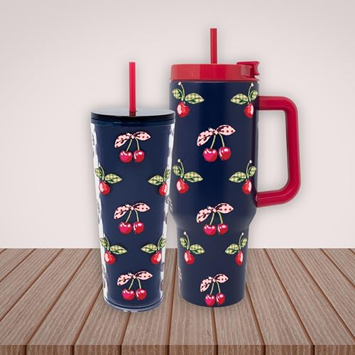 Vera Bradley 40 Ounce Double Wall Stainless Steel Insulated Tumbler with Handle and Straw, 40 oz Cup, Metal Cup for Hot or Cold Drinks (Cherry Picking)