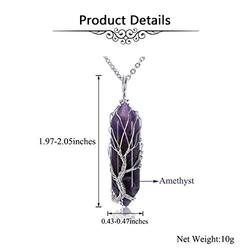 PESOENTH Tree Of Life Reiki Healing Crystal Energy Stone Clear Quartz Pendant Necklace Silver Wire Wrapped Raw Gemstone Hexagonal Prism Pointed Crystal Pendant Jewelry for Women and Men Amethyst