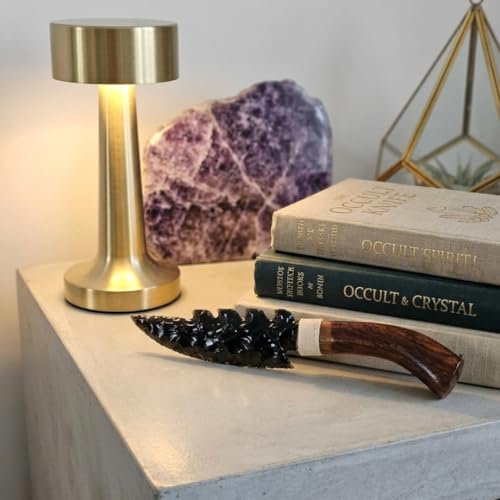 10" Handcrafted Black Obsidian Knife – Hand-Knapped Stone Blade with Carved Wooden Handle – Decorative Athame for Rituals, Altar Decor & Metaphysical Healing