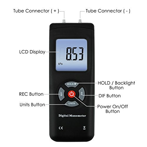 Professional Digital Manometer, Portable Handheld Air Vacuum/ Gas Pressure Gauge Meter 11 Units with Backlight, ±13.78kPa ±2PSI, Suitable for Differential Pressure of 1-2 Pipes, Ventilation,etc 11 units of measurement