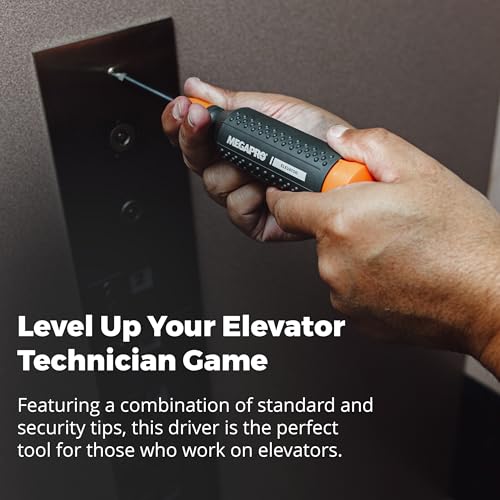Megapro Elevator multi-bit screwdriver with ¼-inch hex shaft and Phillips, flat, spanner, and Torx pin bits