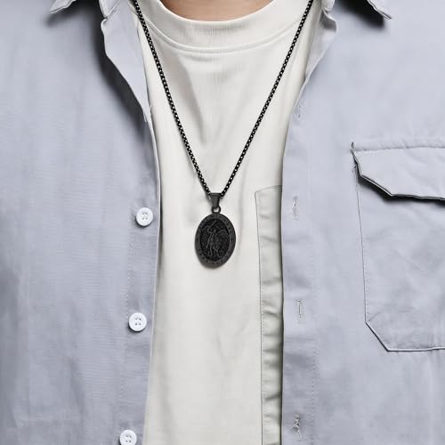 St Michael Pendant for Men Stainless Steel Archangel Necklace Amulet A-black-60cm chain