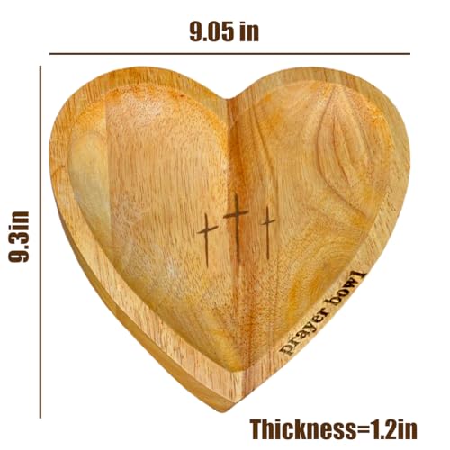 Heart Shaped Prayer Bowl with 24 Cards - Wooden Religious Dough Bowl with Cross for Christian Congregation Gifts Yellow
