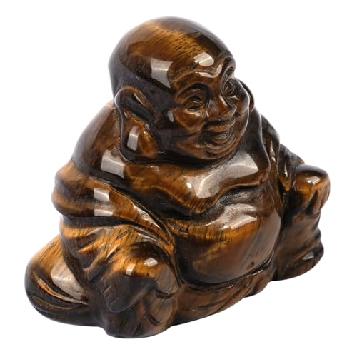 Tiger’s Eye Happy Laughing Crystal Buddha Statue, 1.5 Inch Small Ornament for Home, Mini Buddhism Gift, Carved Buddha Figurine, Good Luck Charm, Pocket Stone
