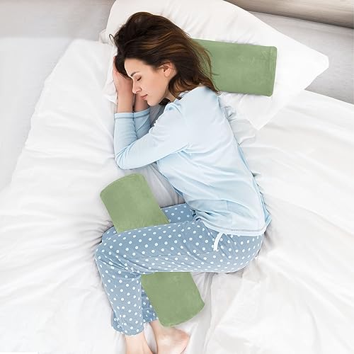 YETTASBIN Sage Green Solid Color Cylinder Round Pillow for Neck Pain Relief, Soft Breathable Bolster Travel Memory Foam Pillow with Removable Washable Cover for Bed Sleeping, Head, Legs and Back 5.5 x 17 Inch