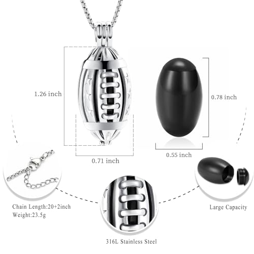 Oinsi American Football Cremation Locket Necklace For Ashes Of Loved Ones Stainless Steel Memorial Urn Jewelry Women Men Keepsake Fashion Necklace Silver-Black