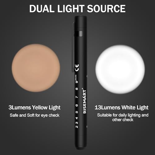 RISEMART Pupil Light Diagnostic Light with Pupil Meter and Ruler, Warm/Cool White, Rechargeable USB LED Pen Lamp for Nurses, Students, Doctors (Black) black