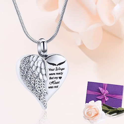 Minicremation Cremation Jewelry for Ashes Heart Urn Necklace Pendants Ashes for Women Men Keepsake Memorial Angel Wing with Charm Heart for Loved Ones Silver-Your
