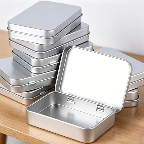 LATRAT Pack of 8 Silver Metal Tins, Tobacco Tins, Survival Kit, Pill Box, Soap Box, Metal Can, Sweets Box, Silver
