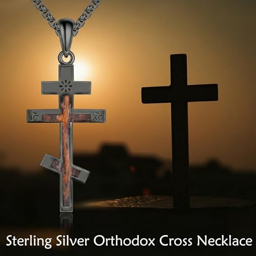 URONE Orthodox Cross Necklace for Men Sterling Silver Black Cross Wooden Pendant Necklace Christian Religious Jewellery Gifts