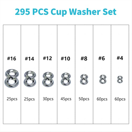 Vosaplk 304 stainless countersunk cup washers assortment set in #4–#16 sizes, 295 pieces