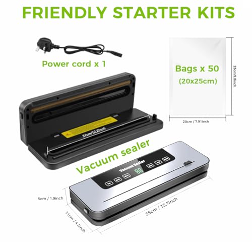 6-in-1 Multi-functional Food Vacuum Sealer Machine with Built-In Cutter, LED Digital Display, 50 Vacuum Bags for Preserving Meat, Vegetables, Snacks, Fruits, Grains