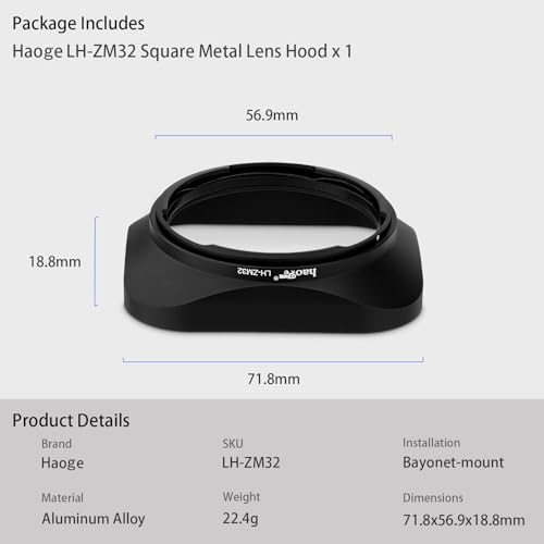Haoge LH-ZM32 Bayonet Metal Square Lens Hood Shade Compatible with Carl Zeiss Distagon T 1.4/35 35mm f1.4 f/1.4 ZM Lens Black [Square - Black]