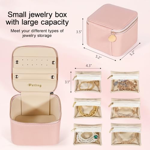 Travel Jewelry Case Organizer - Compact PU Leather Jewelry Box with 6 Small Portable Velvet Jewelry Pouches & 2 Inner Lid Slots for Rings Earrings Necklaces Bracelets,Ideal Gift for Women Girls (Pink) pink