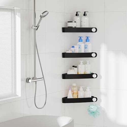 Set of four black Sotfamily plastic corner shower caddies designed for 90° showers, with multiple compartments for bathroom organization.