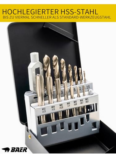 BAER Thread Cutter Set M3-M12 HSS-G | 15 Pieces for Internal and External Thread | Thread cutting set for steel and cast steel up to 800 N/mm², tap and core hole drill + tap wrench, in metal case