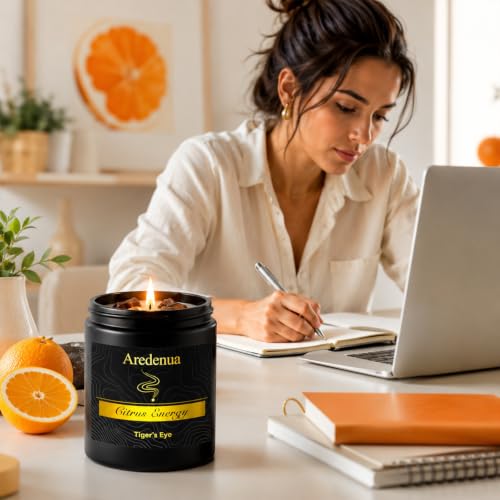 Citrus Scented Candle with Tiger's Eye Crystals, Gift for Women Men Black-Heal Black-H2