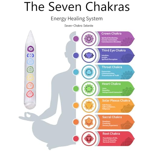 Runyangshi 1Pcs Chakra Selenite Stick 6", Engraved with 7 Chakra Symbols for Meditation, Energy Healing, Spiritual Balanc