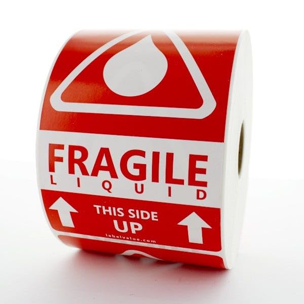 Fragile Liquid This Side Up Shipping Labels – 3" x 5", Red, Semi-Gloss, Permanent Adhesive, Warning Labels – Liquid Handling, Packaging & Shipping Use – 500 Labels per Roll | LabelValue
