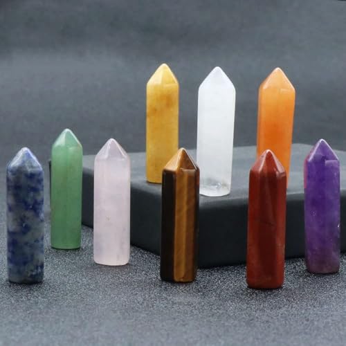 LHJ 10 Pcs Natural Healing Crystal Wand Points Set, Hexagonal Prism Quartz Gemstone Towers for Chakra Reiki Energy Balancing, Meditation, Wire Wrapping & Home Decor