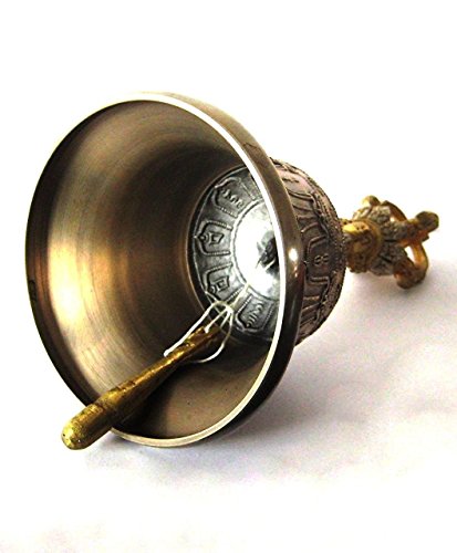 Purpledip Spiritual Buddhist Tibetan Brass Bell with Dorje Handle For Self Healing Meditation Prayer and Yoga, Religious Gift (10680) Medium