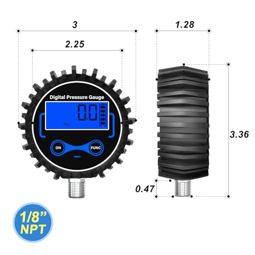 MEANLIN MEASURE 0–300 PSI digital pressure gauge with rubber cover, lower mount, and NPT hex bushing fittings