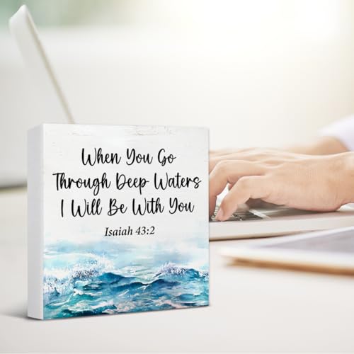 Ocean Room Decor, Inspirational Christian Wood Box Sign 5x5 Inches