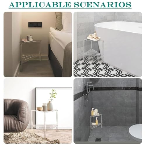 Acrylic Corner Shelf, 2 Tier Floor Shower Caddy & Anti Slip Shower Stool Clear Corner Shower Organizer for Bathroom Plant Stand for Bedroom Kitchen 13.39 x 12.20 x 11.81 Inch