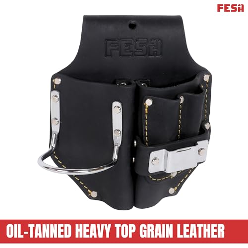 FESA black leather double plier holster with steel hammer holder, tape clip, and two carpenter pencil pockets