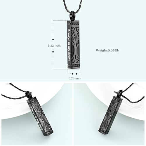 Imrsanl Tree of Life Urn Necklace for Men Women Bar Cremation Jewelry for Ashes Keepsake Ashes Necklace Pendent Black-Always in my heart
