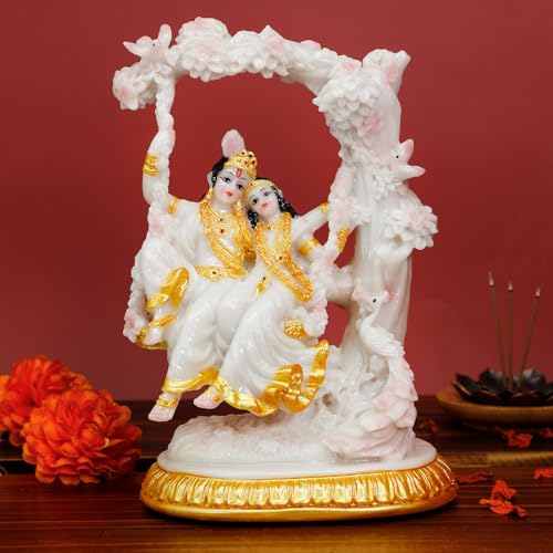 BangBangDa Radha Krishna Statue on Swing - Marble Color 6.7”H Polystone Indian Murti Krishna Idol for Valentine/Wedding/Birthday/Diwali for Indian Family Man Women Pooja Item