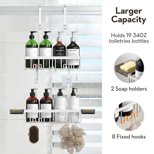Over the Door Shower Caddy Hanging With Double Soap Holder Never Rust Aluminum Shower Shelf With 4 Hooks Hanging Bathroom Organizer No Drilling Shelves for Bathroom Storage Silver