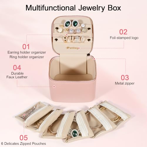 Travel Jewelry Case Organizer - Compact PU Leather Jewelry Box with 6 Small Portable Velvet Jewelry Pouches & 2 Inner Lid Slots for Rings Earrings Necklaces Bracelets,Ideal Gift for Women Girls (Pink) pink