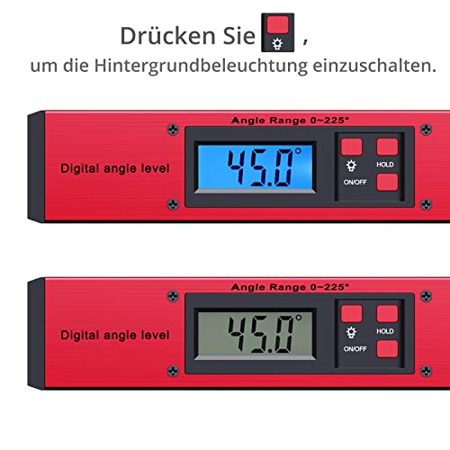 Proster Digital Protractor 0-225° Digital Protractor with Spirit Level and LCD Lighting 400 mm / 16 Inch Protractor with Battery and Bag for Roofing Technology - Red