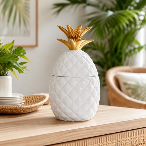 Comfy Hour 9.3 Inch Pineapple Cookie Jar, Pineapple Jar With Lid White and Gold