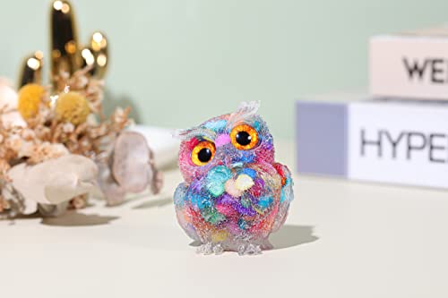 Jovivi 2.5" Rainbow Shell Crystal Owl Statue Carved Resin Reiki Healing Crystal Pocket Stone Sculpture Gemstone Animal Owl Figurines Ornament Cute Room Office Decor Gifts