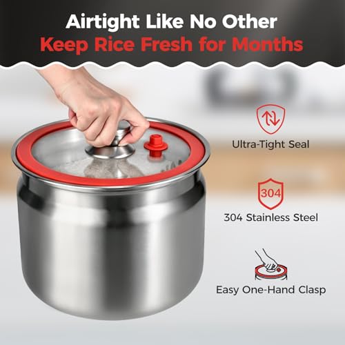 Umimile 304 Stainless Steel Airtight Food Storage Container – 10L (2.6Gal) Metal Canister with Clear Lid, 0.8mm Thick, Silicone Plug Release & Removable Gasket – for Rice, Flour, Pet Food