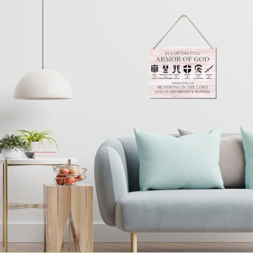 Printed Wood Plaque Sign Wall Hanging, Put on the Full Armor of God Quote Scripture Rustic Hanging Wall Plaque Wood Signs, Ephesians 6:10 Christian Sign F Color 07
