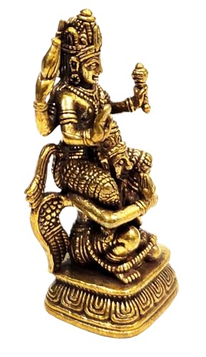 Purpledip Rare Miniature Brass Idol Vishnu with His Mount Garuda: Collectible Statue with Detailed Very Fine Workmanship (12698S)