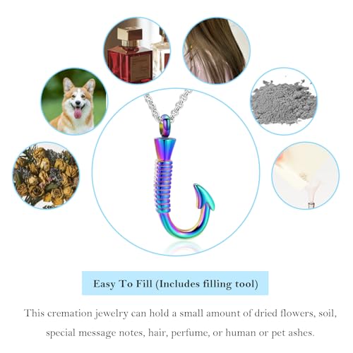 Hearbeingt Fishing Cremation Jewelry Fish Hook Urn Necklaces for Ashes A-Colorful