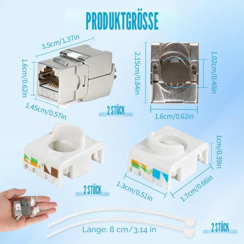 2x Keystone RJ45 Module Cat 7, RJ45 Socket Tool-free up to 10 Gbit/s and 1000 MHz, Keystone Module Fully Shielded STP, LAN Socket for Patch Panel, Network Socket, Compatible with Cat 6a, Cat 7, Cat 8