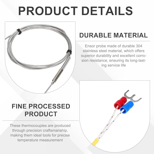 sourcing map K Type Thermocouple Temperature Sensor Probe 2x300mm 6.6ft Wire 0 to 1100°C(32 to 2012°F) Stainless Steel 2x300mm,6.6ft