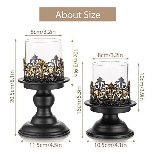 Sziqiqi Black Pillar Candle Holders, with Hurricane Glass, 2 Sizes Set S + L