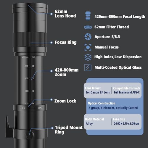EF/EF-S 420-800mm F8.3 Telephoto Zoom Lens(MF) for Canon EOS Rebel T8i/T7i/T7/T6i/T5/T3i/T2i/XSi/SL3/SL2/T100/90D/80D/70D/50D/5D Mark IV/6D II/7D II/1D X III II-Manual Focus DSLR Cameras Lenses(Black) For Canon EF/EF-S (Black)